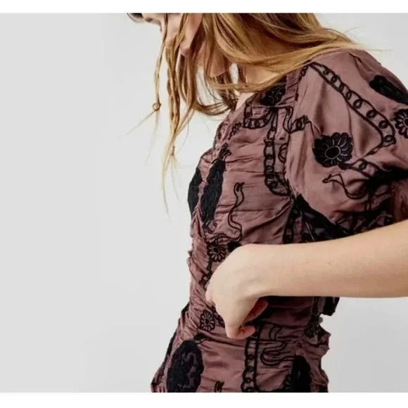 Free People Ruched Embroidered Puff Sleeve Mini Dress  XS - Picture 3 of 9